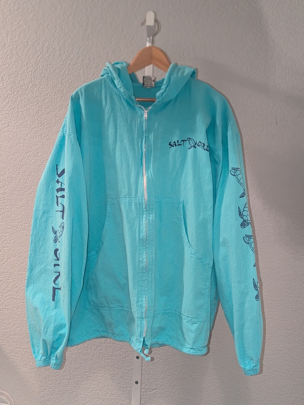 Salt Girl Aqua Turtle Cotton Zip-Up Hoodie - Coastal Generous Fit XL